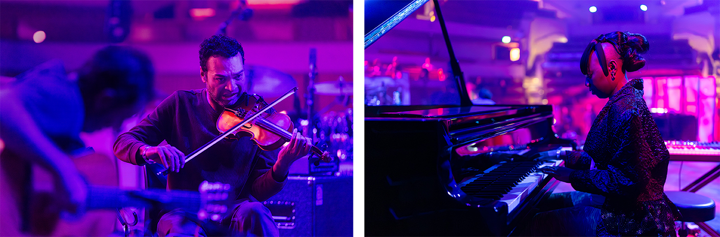 Two photos of a live performance. The first photo shows Maurice Louca playing the violin. The second photo shows a woman playing the piano.